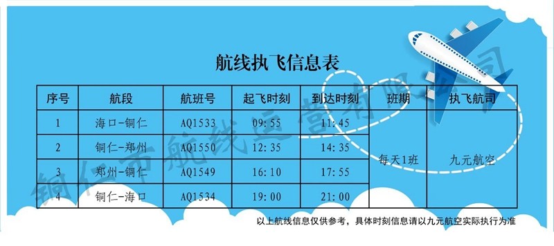 ?？?銅仁=鄭州航線將于9月1日起復(fù)航