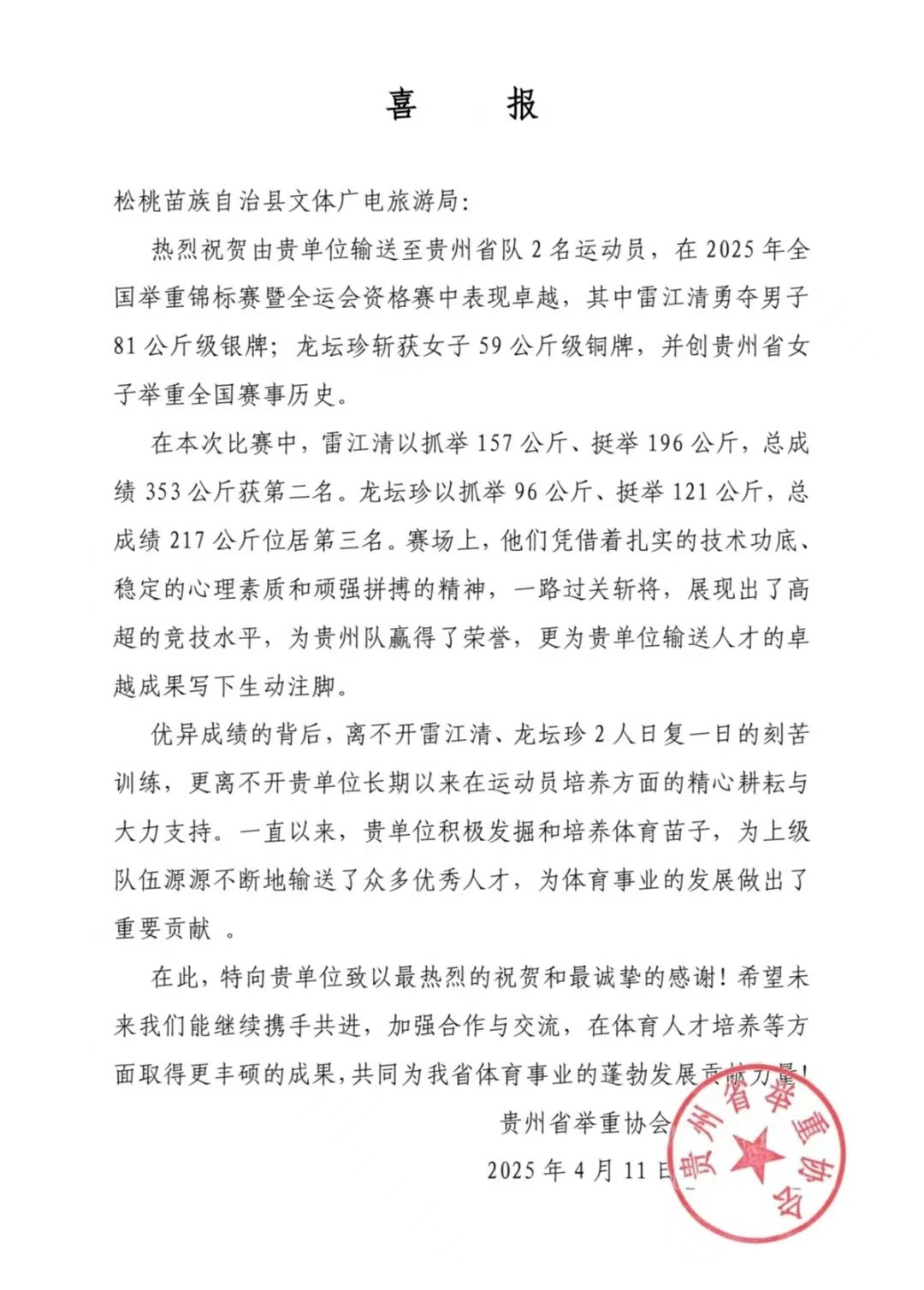 松桃2名運動員勇奪全國舉重錦標賽一銀一銅