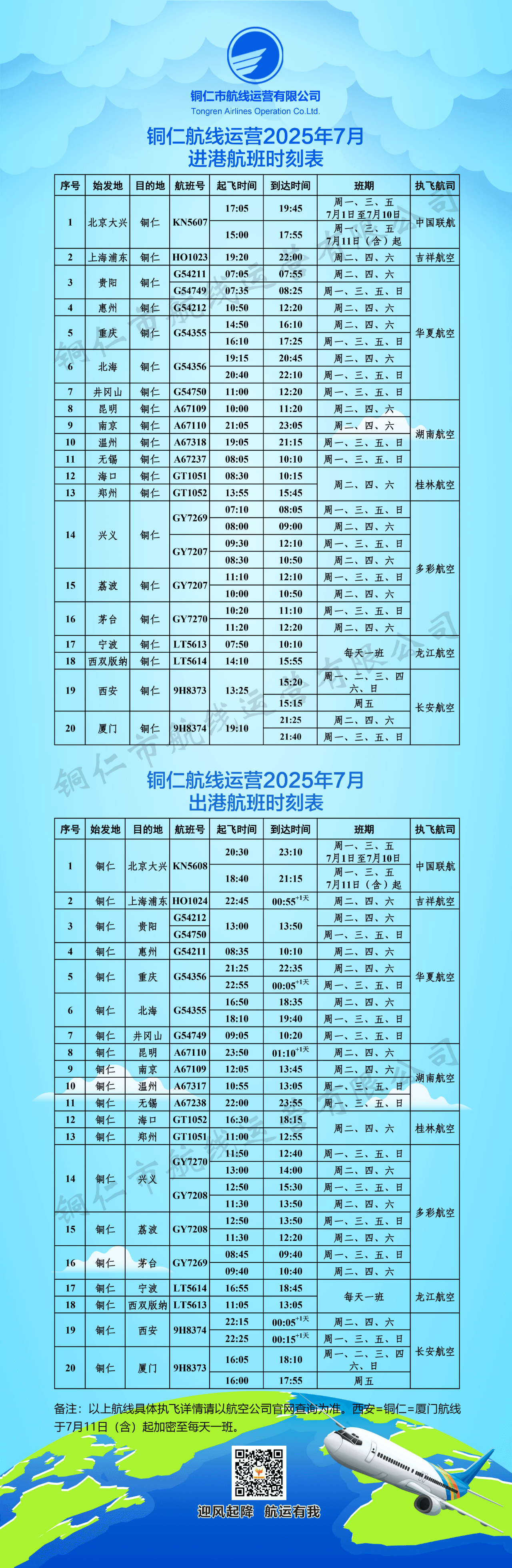 部分航線時刻調(diào)整，銅仁2025年7月航班計劃來了